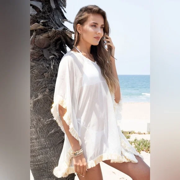 (16196) V-NECK FOIL THIN STRIPE KAFTAN COVER UP WITH SHINY FOIL FRINGE EDGE TRIM - Picture 3 of 5